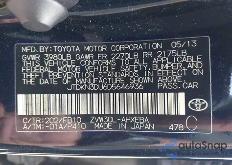 2013 Toyota Prius Two z USA, uszkodzony, nr VIN JTDKN3DU6D5646936